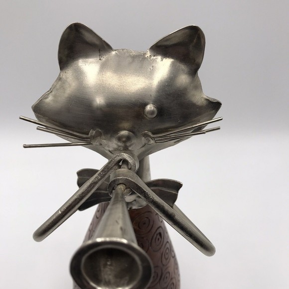 Pier 1 Carved Wood & Metal Cat Figurine Playing Trumpet Horn 10" - Picture 6 of 16